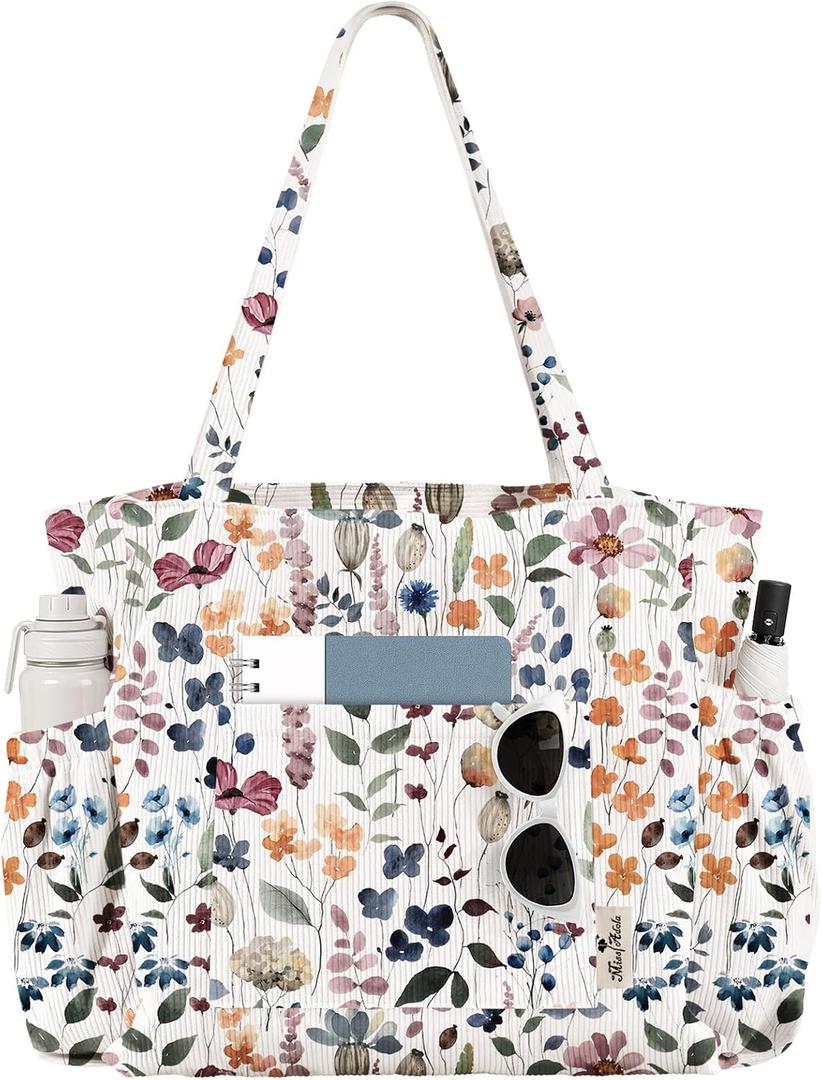 Miss Adola Large Corduroy Tote Bag for Women - Cute Shoulder Reusable Canvas Bags with Zipper Multi-Pocket for School, Watercolor Wildflower
