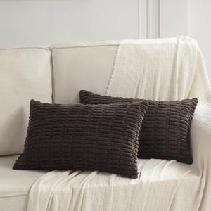 Fancy Homi 2 Packs Dark Brown Lumbar Decorative Throw Pillow Covers 12x24 Inch for Living Room Couch Bed Sofa, Rustic Farmhouse Boho Home Decor, Soft Striped Corduroy Rectangle Cushion Case 30x60 cm