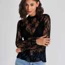 Elesomo Womens Lace Tops Mesh Sheer Long Sleeve Shirts Slim Fitted Tee | See Through, Sheer Under Shirt, Mock Neck, Turtleneck, Floral Blouse, Slim Fit, Layering Undershirt, Going Out, Party Club (Black, XL)