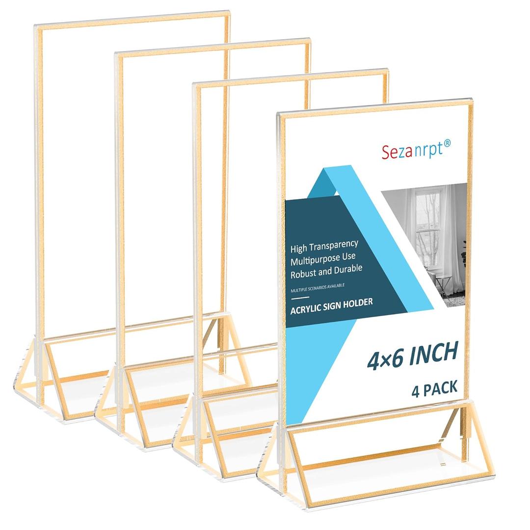 Acrylic Table Numbers Wedding 4x6 Vertical 4 Pack, Acrylic Table Card Holder Gold, Clear Menu Holder for Table Top, Restaurant Retail, Paper Holder, Photo Frame (4x6 - Vertical)