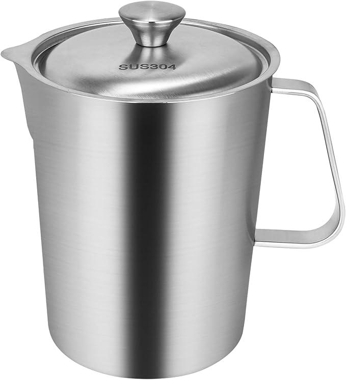 Consfly Stainless Steel Measuring Cup with Lid 2L 70 OZ, Large Mouth Graduated Beakers Metal Pitcher with Marking and Handle