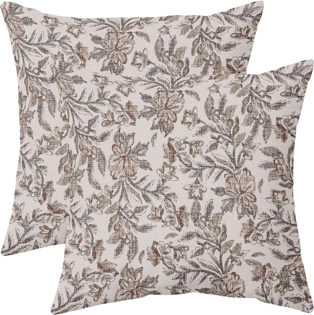Floral Block Print Pillow Covers 18x18 Set of 2 Vintage Flower Brown Grey Decorative Throw Pillows Outdoor Rustic Farmhouse Pillowcases Cushion Case Decor for Home Sofa Couch Bed