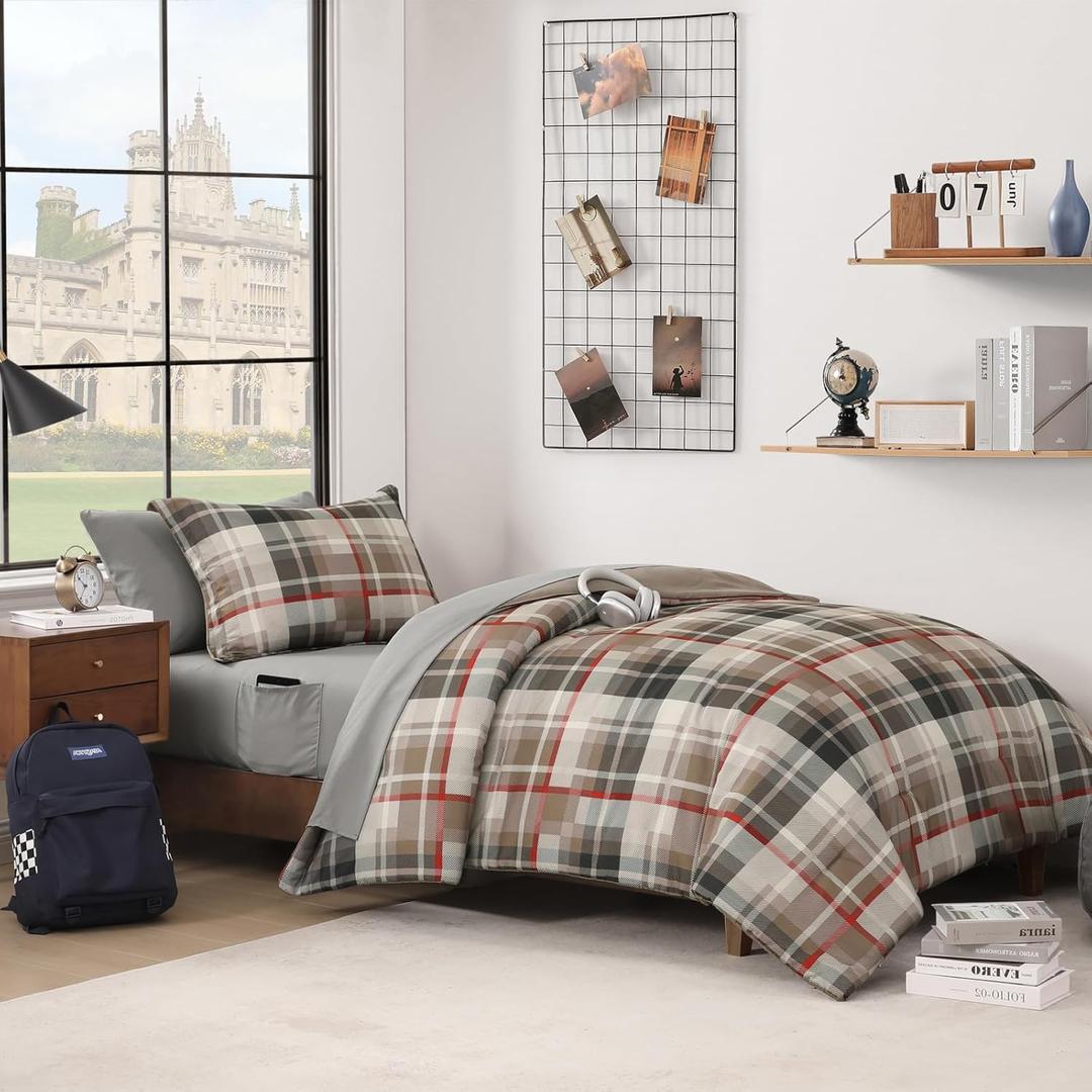 MaiRve Twin XL Comforter Set, Plaid Design Comforter Set 5 Pieces,Twin XL Comforter for Dorm Farmhouse All Season Lightweight &Comfy with Fitted Sheet, Flat Sheet (Khaki, 66"x90")