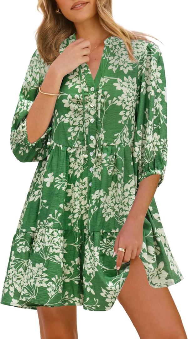 Women's Summer Beach Mini Dress Floral Boho Shift Dress Casual V Neck Puff Short Sleeve Flowy Button Down Dresses S