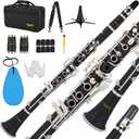 Bb Clarinet For Beginners Students B Flat Clarinet 17 Keys Clarinets with Case Stand Strap 2 Barrels 8 Mouthpiece Cushion White Gloves(Black)