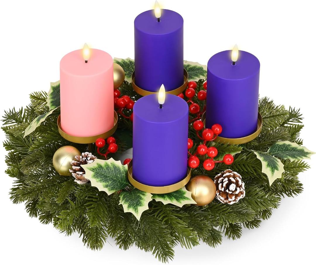 Waipfaru 5Pcs Christmas Advent Wreath, Advent Candle Holder with 4 Flameless Simulated Candles, 12 Inch Advent Wreath and Candles Set, Christmas Centerpiece Decorations for Table Indoor Home Church (Red)
