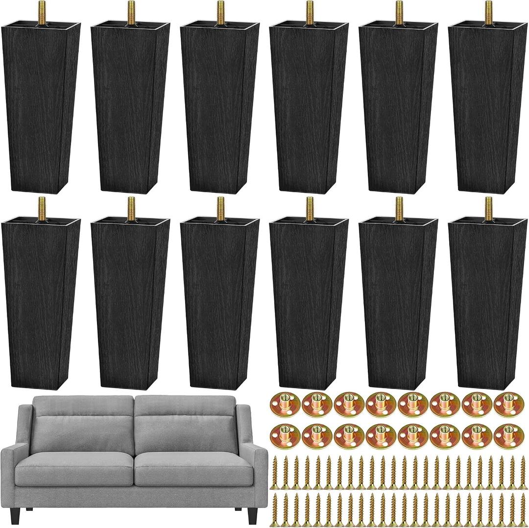 TURSTIN 12 Pieces 8" Plastic Furniture Legs Replacement Couch Legs Square Tapered Sofa Leg Mid-Century Modern Furniture Feet for Armchairs Couch Bed Coffee Table Dresser