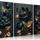 3pcs Dark Green And Gold Flower Canvas Wall Art Elegant Bloom Flowers Pictures Wall Decor Modern Abstract Plant Posters Prints Paintings for Living Room Bedroom Bathroom Decoration
