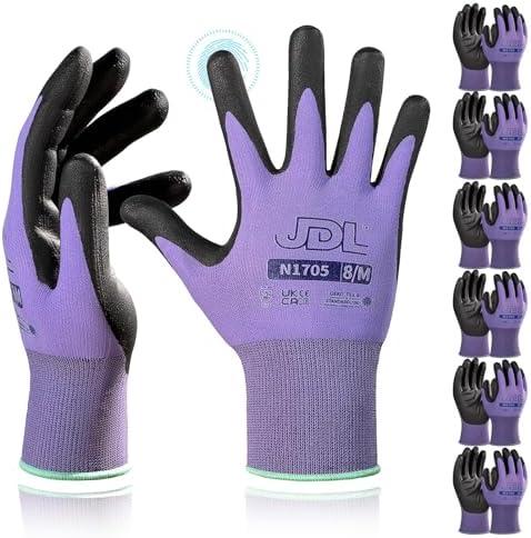 JDL Safety Work Gloves in Nitrile, Garden Gloves for Men & Women, 6 Pairs, Grip with Touchscreen Fingers, Seamless Knit Nylon, Purple, Medium