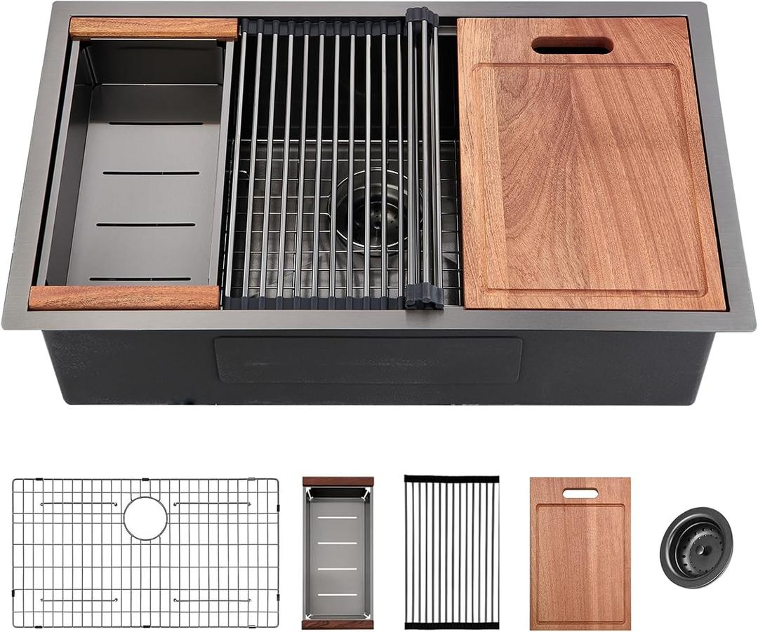ALWEN 32 Inch Gunmetal Black Undermount Kitchen Sink, 16 Gauge Stainless Steel Scracth Resistant Ledge Workstation Modern Kitchen Sink with Combo Accessories, 32"x19"x10"