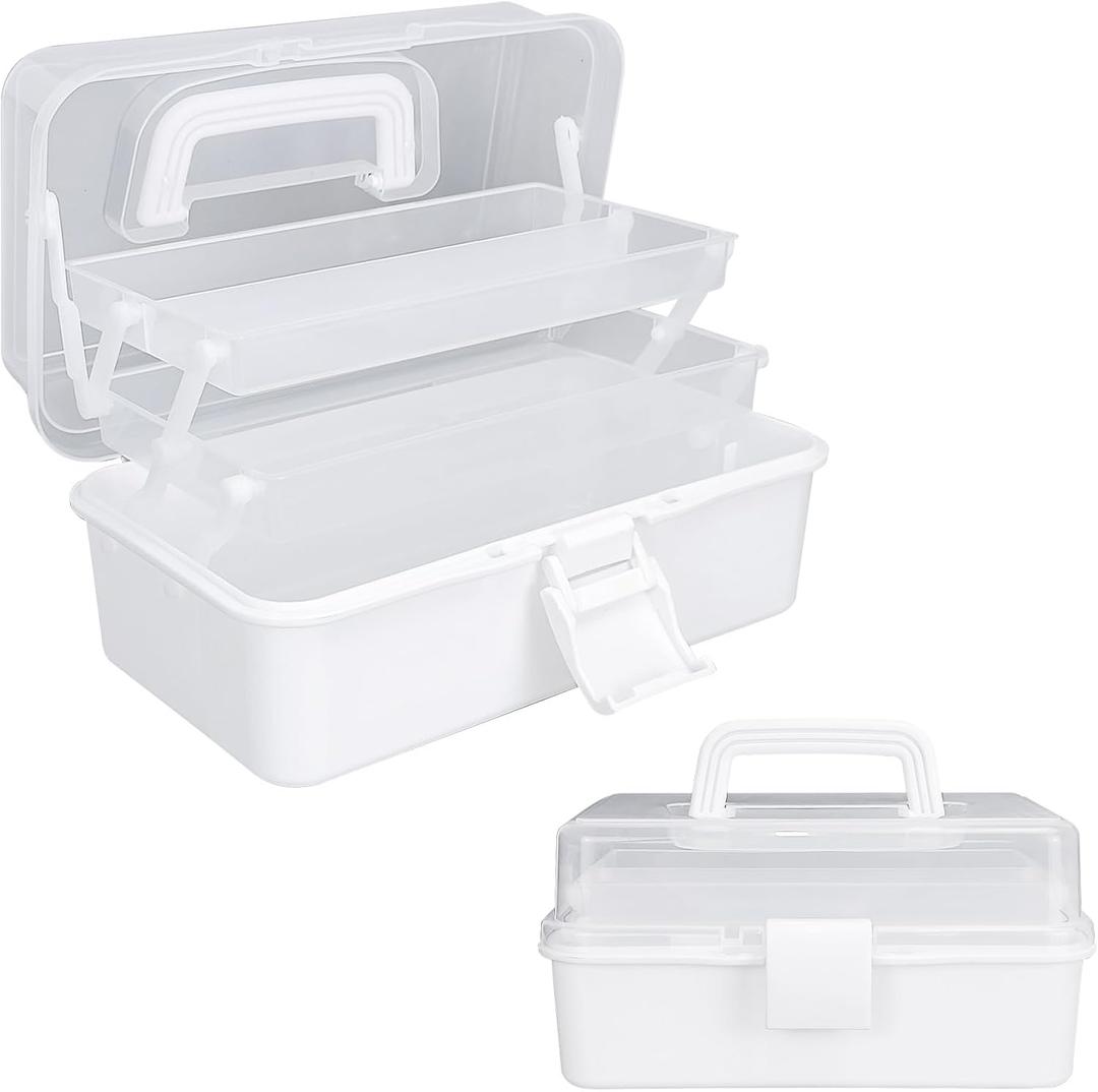 Tackle Box Organizers and Storage,9.8inch Craft Organizers and Storage,Three-Layer Sewing Box With 2 Trays,Medicine Storage Box With Handle For NailMakeupDiamond PaintingBuilding Blocks (White)