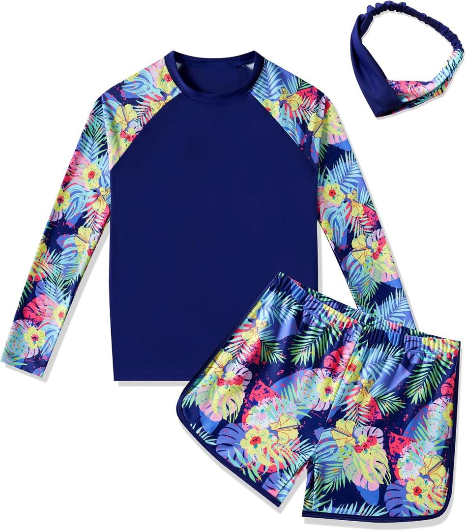 Girls Rash Guard 2-Piece Swimsuit Set - Long Sleeve Swimwear with UPF 50+ Sun Protection 4-14 Years (Purple)