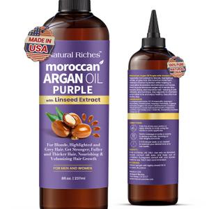 Natural Riches Purple Moroccan Argan Oil for Hair with Linseed Extract, Anti-Brass Formula for Blonde, Silver, Platinum & Grey Hair Neutralize Yellow Tone, Smooths Frizz & Restore Shine 8 fl oz