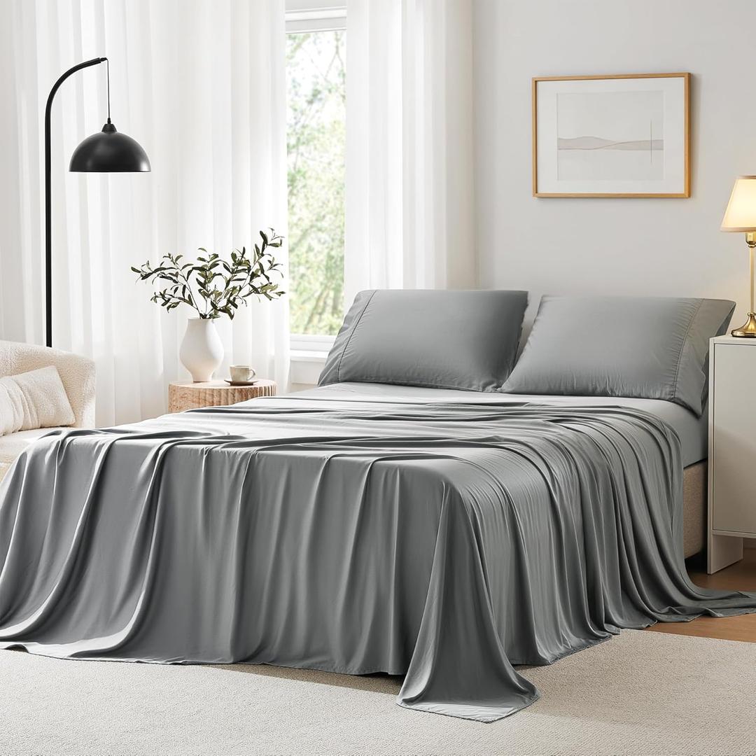 ACCURATEX Cooling Sheets California King Size - Viscose Made from Bamboo, Luxury Cool Silky Sheet Set for Cal King Size Bed, Super Soft Breathable Bed Sheets up to 16 inches Deep Pockect,Grey