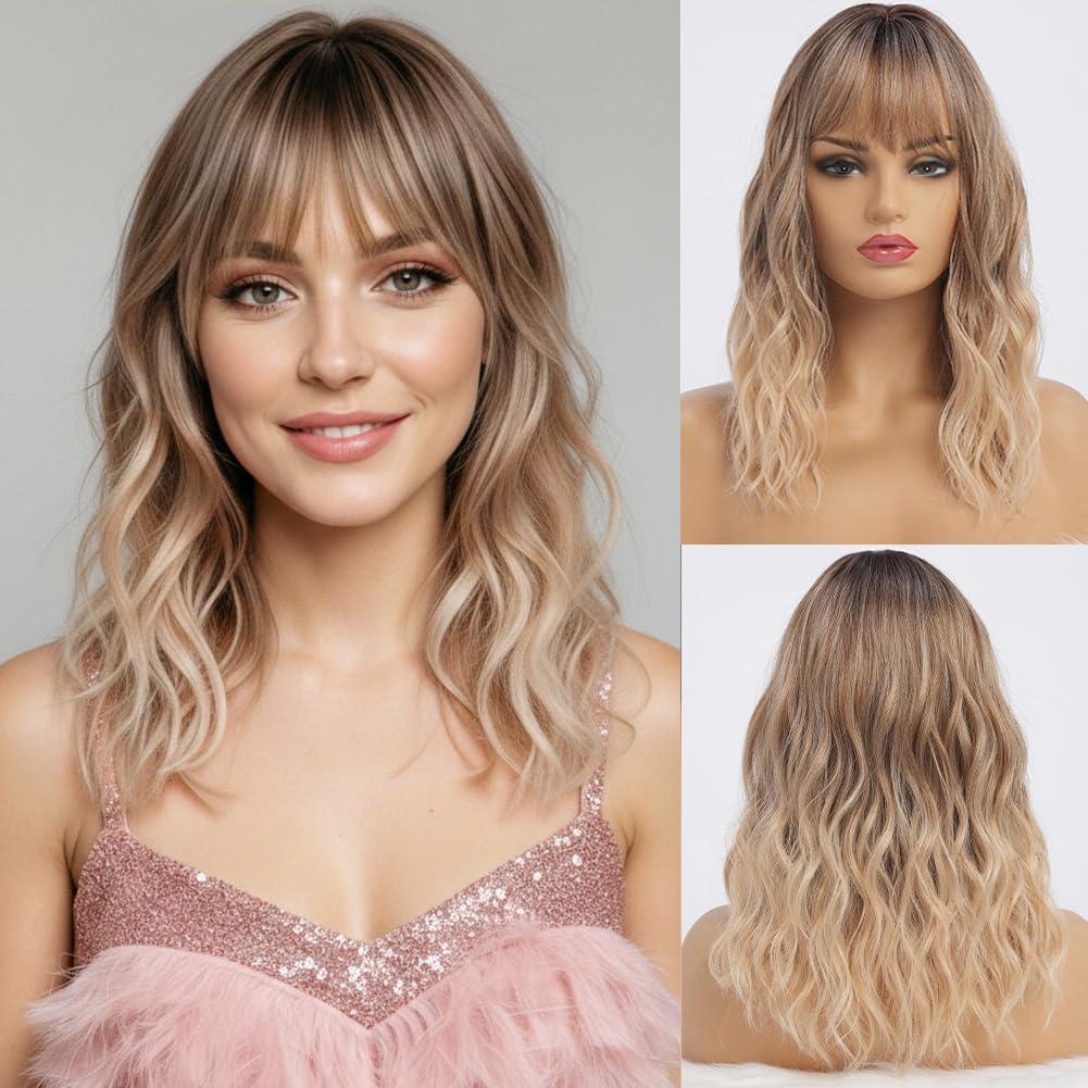 simkaylee Wavy Long Ombre Blonde Wigs with Bangs for Women Medium Middle Length Blond Wig Synthetic with Water Wave Fringe Womens Heat Resistant Hair Wig for Daily Party Use (16inch)
