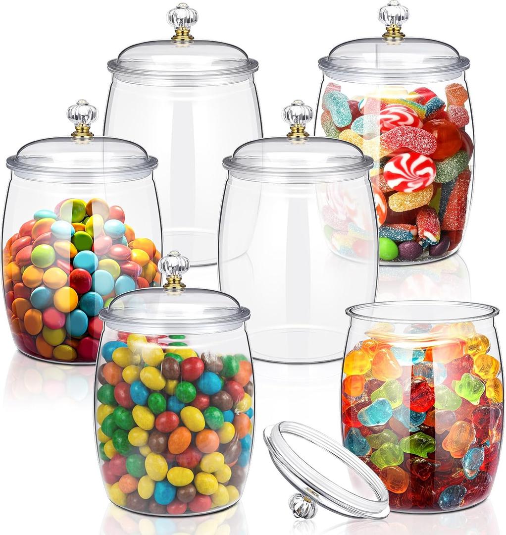Nuogo 6 Pcs Candy and Cookie Jar Plastic Jars with Lids Decorative Apothecary Jars Candy Buffet Containers Clear Airtight Food Storage Canister Home Decoration(64 oz,Classic) (64 oz)
