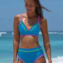 popvil High Waisted Bikini Sets for Women Tummy Control Swimsuits Two Piece Neon V Neck Drawstring Bathing Suits 2026 (Blue, M)
