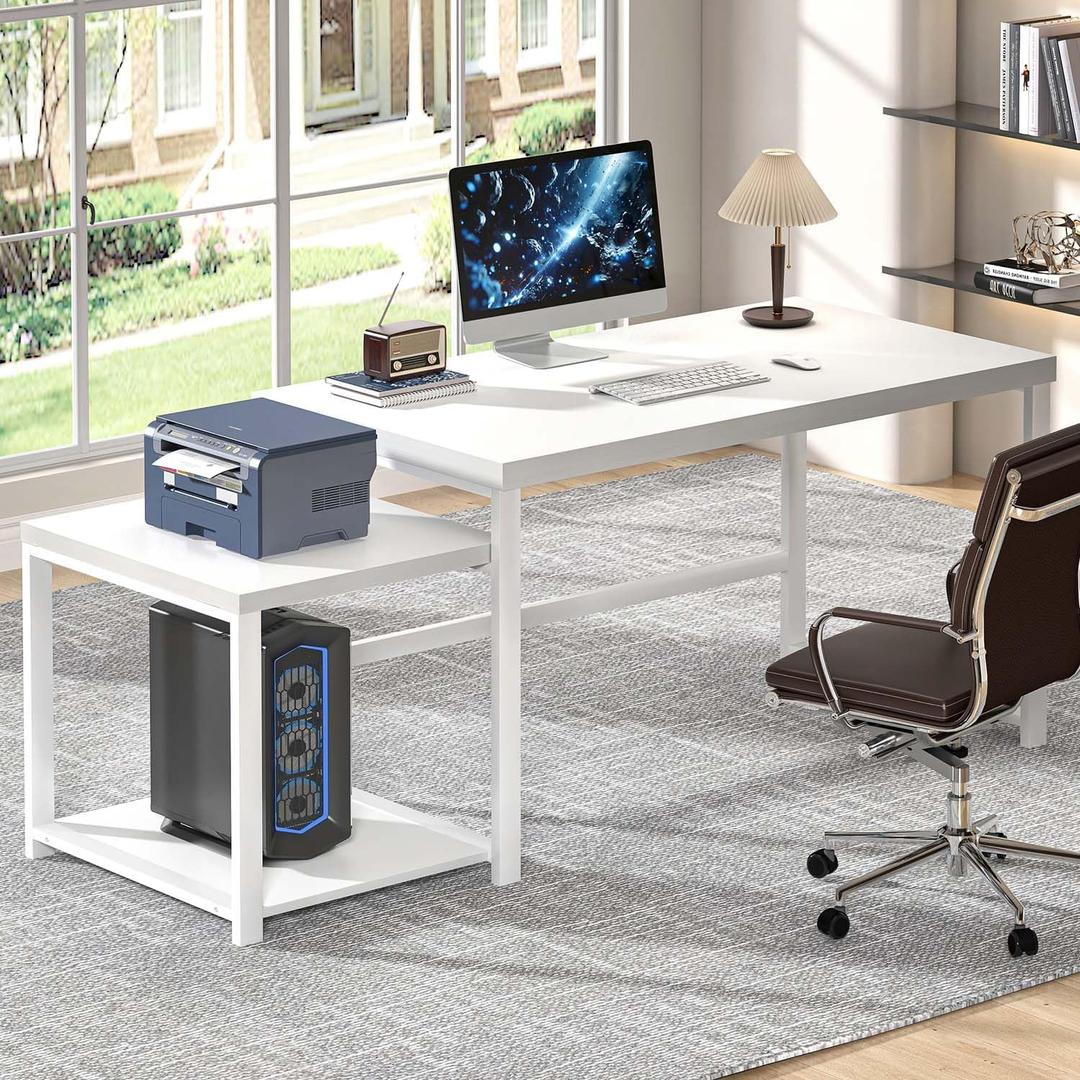 FOLUBAN Large White Computer Desk, Home Office Desk with Printer Space & PC Tower Stand, Modern Study Writing Table Workstation for Living Room Bedroom, 63 Inch