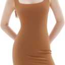 PUMIEY Women's Square Neck Mini Dress Ribbed Bodycon Tank Dresses Slim Fit Summer Dresses for Women (Beige, XL)