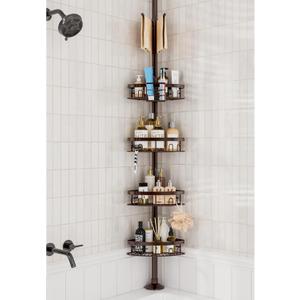 Rustproof Shower Corner Caddy Shelf for Bathroom Tension Pole Organizer with 4 Baskets for Bathtub Shampoo Storage from 23.6 to 114.5 Inch with Towel Bar (Bronze)