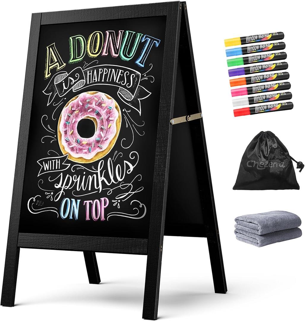 A Frame Chalkboard Sign, 40"x20" Extra Large Sidewalk Chalk Board, Wooden Standing ChalkBoards Set with Markers, Double-Sided Magnetic Blackboard for Cafs, Weddings, Party Guide, Black