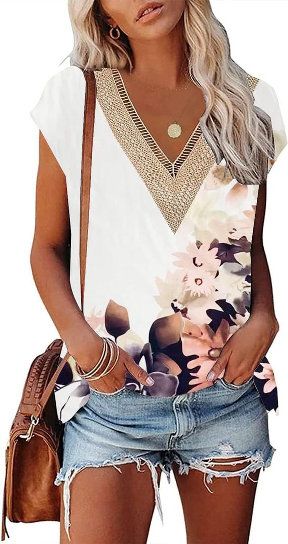 Cap Sleeve Summer Tops for Women Trendy Floral Print Casual V Neck T Shirts Petal Sleeve Blouses (White, M)