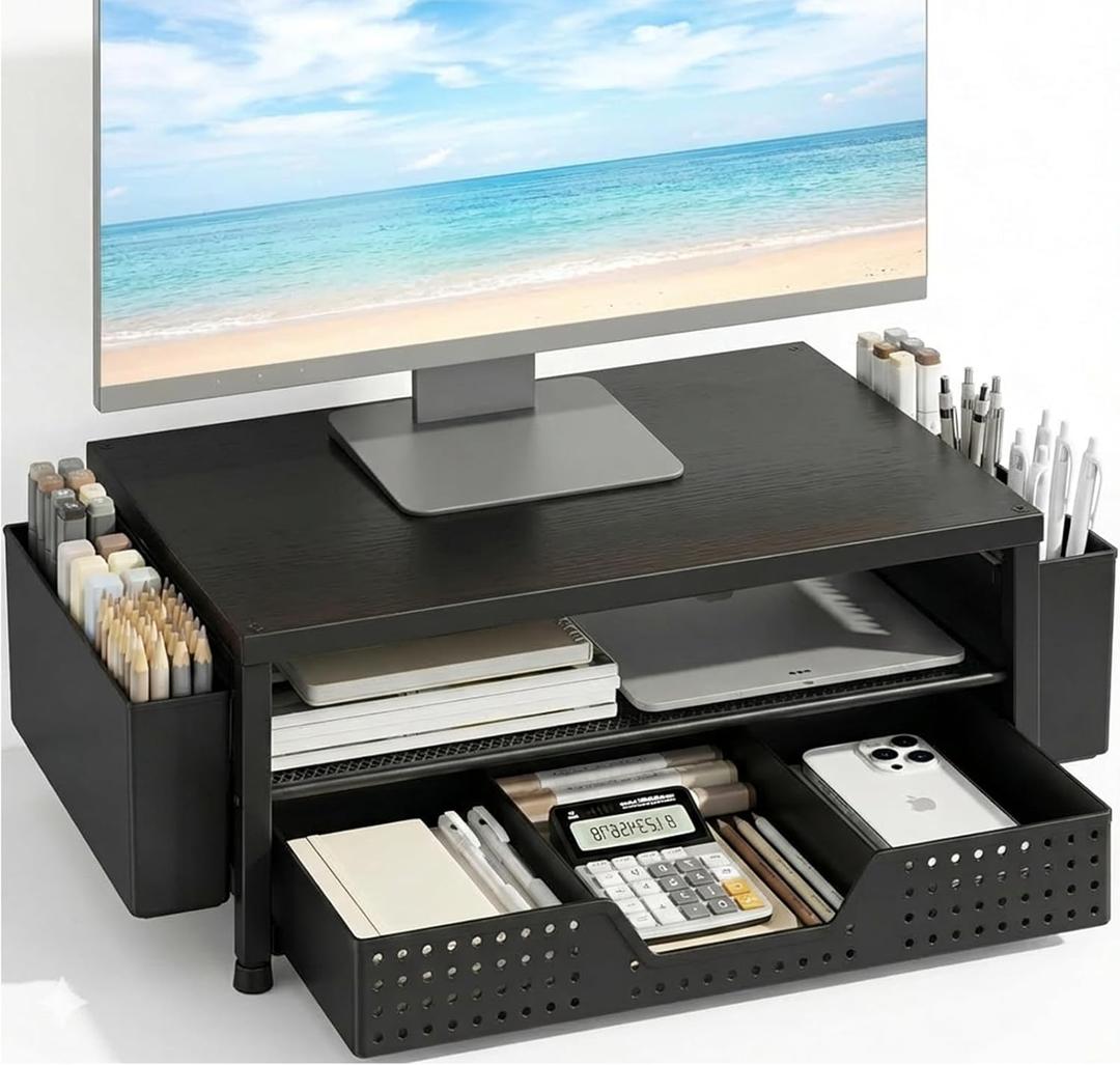 Desk Organizer and Accessories, 2-Tier Computer Monitor Stand Rise with Storage Drawer & 2 Pen Holders, Laptop & Printer Stand for Desktop, Workspace Organizers for Office Supplies (Black Wood)