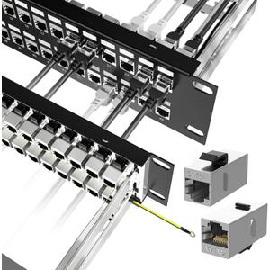 Jadaol [UL Listed] 48-Port Shielded Cat6A Patch Panel, 19” 2U Rackmount/Wall Mount Feed-Through RJ45 Panel with 48 Preloaded Shielded Keystone Couplers + 2 Spare, Up to 10Gbps, Cable Management Bar