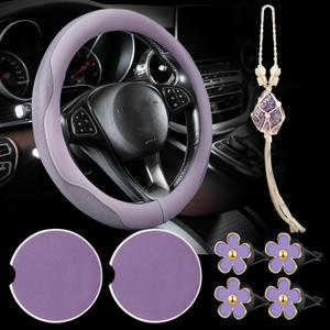 BBTO 4 Car Accessory Set, Steering Wheel Cover, Ceramic Coasters, Daisy Flower Clip Air Freshener, Crystal Hanging Ornament for Women(Purple)