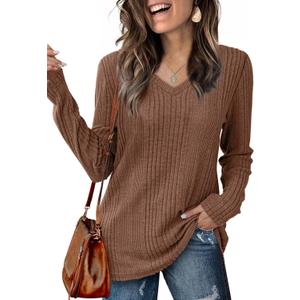 Lafural V Neck Long Sleeve Shirts for Women Casual Fall Tops Lightweight Tunic Sweaters Fashion Clothes 2024 (Brown, XXL)