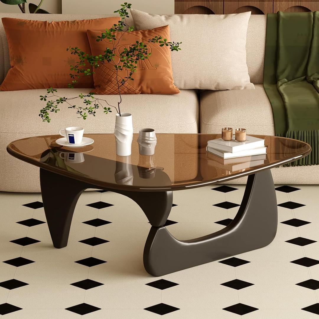 Coffee Table for Living Room Mid Century Modern Center Table with Glass Top and Wood, Brown/Black