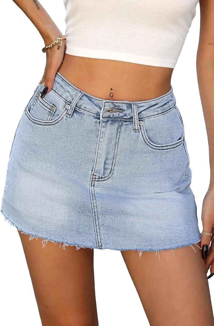 ELLEVEN Denim Skirt with Shorts Mini Skort - Casual Jean Skirts with Raw Hem & Pockets (X-Small, Light Blue Denim)