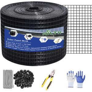 8in X 100ft Critter Guard for Solar Panels, 1/2inch PVC Coated Solar Panel Guard, Critter Guard Roll Kit for Solar Panel Wire Mesh, Black Pigeon Barrier with 120pcs Fasteners, Cutting Scissor, Gloves