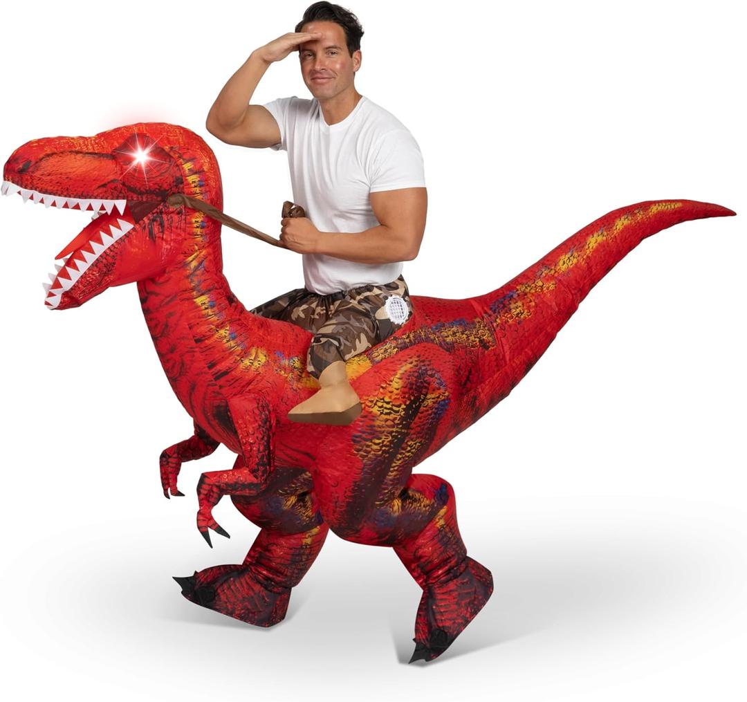 Spooktacular Creations Adult Inflatable Dinosaur Costume, Riding a Raptor, Printing T-rex Air Blow-ups with Light Eyes (Red)