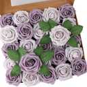 50pcs Artificial FlowerReal Touch Foam Roses w/Stem DIY for Wedding Bouquet Centerpieces Party Shower Home Decor-Violet Lavender Purple