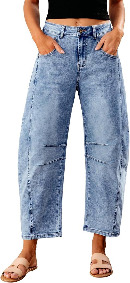 GRAPENT Barrel Jeans for Women Trendy High Waisted Wide Leg Baggy Cropped Relax Fit Stretch Denim Trouser Ankle Pants (Small, Reef Blue)