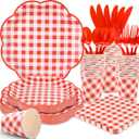 175 Pcs Red Gingham Plates and Napkins Party Supplies - Red and White Checkered Plates Sets Serve 25 Guests - Scalloped Gingham Paper Plate for Birthday Picnic Mother's Day Party Decorations
