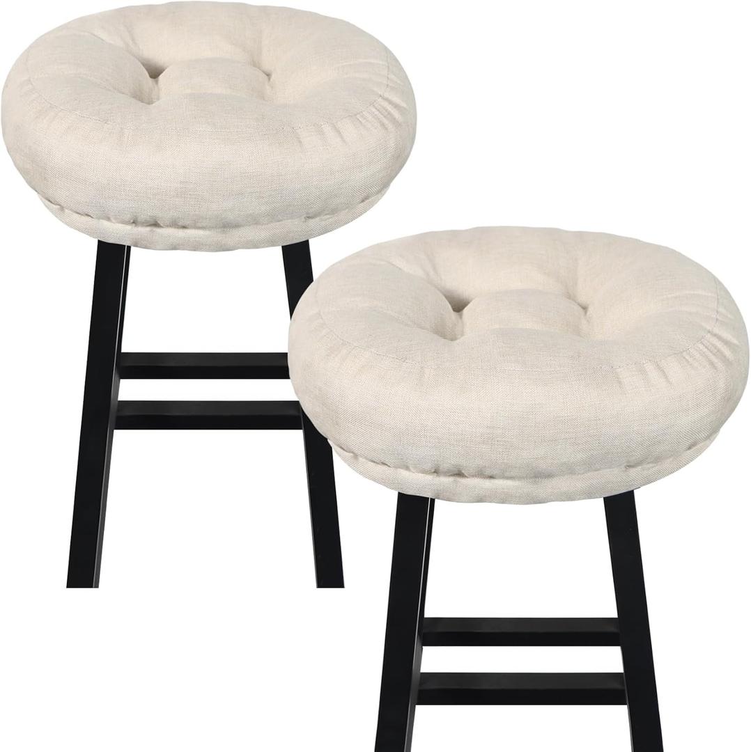 Beige Bar Stool Seat Cushions, Round Stool Covers Pads with Ties Non Slip (14"x14"x4",2 Pack)