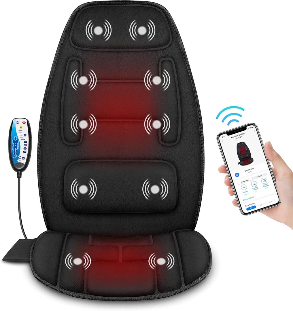 Snailax Vibration Back Massager with Heat, APP Control, Massage Seat Cushion with Extra Memory Foam Support Pad in Neck and Lumbar, 10 Vibration Massage Motors, 2 Heat Levels, Gifts