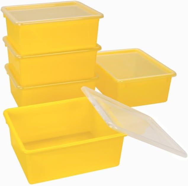 Storex Deep Storage Tray with Lid, Letter Size, 10 x 13 x 5 Inches, Yellow, 5-Pack