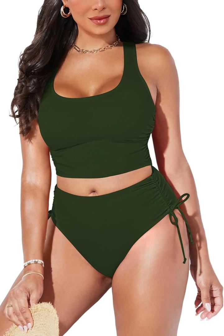 Pink Queen Women's Scoop Neck Racerback Ruched Crop Top High Waisted Bikini Sets 2 Piece Swimsuit Bathing Suit (Large, Army Green)