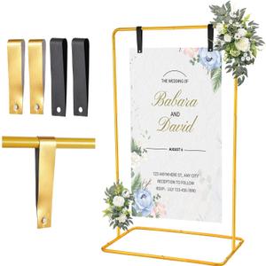 WellSign Wedding Welcome Sign Holder, 68x31x 20 Welcome to Our Wedding Sign Adjustable Display Stand with 4 Leather Hanging Straps,Gold Easel Stand Personalized for Baby Bridal Valentine