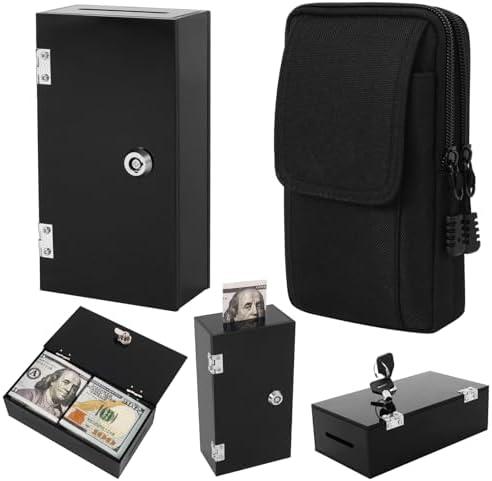 Extra Large Black Acrylic Box Winners Bank with 2 Keys, Slot, Storage Waist Bag, Portable Casino Cash Money Lock Box Safe for Gamblers, 1Pack