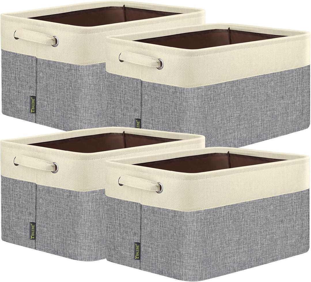 BALEINE 4 Pack Fabric Storage Bins for Shelves, Linen Storage Baskets for Organizing, Decorative Closet Bins for Clothes, Home (Grey, 15"x11"x9.5")