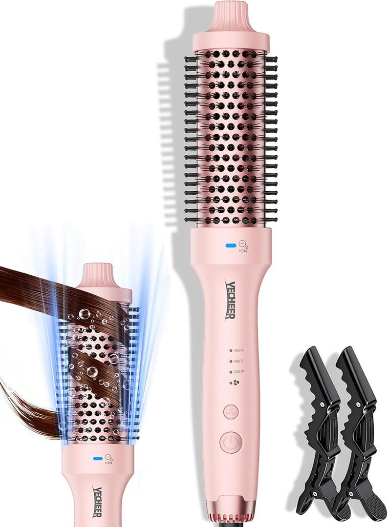 Thermal Brush for Blowout Look, 360 Airflow Heated Round Brush with 2 Negative Ions Release for Less Frizzy, 1.5 Inch Dual Voltage Heated Curling Brush for Travel, Dual PTC Technology, Pink