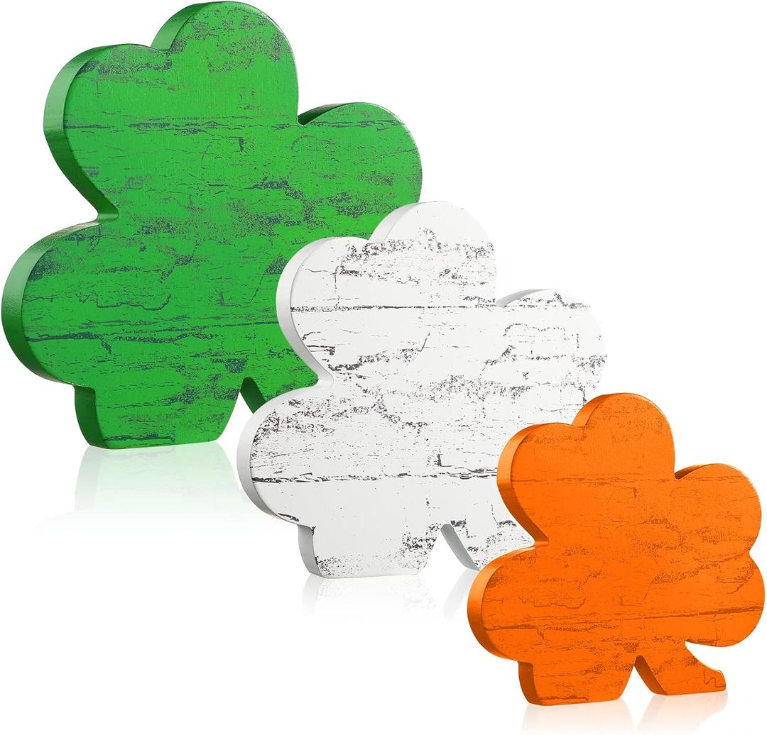 Yookeer 3 Pieces St. Patrick's Day Decorations Wooden Shamrock Table Signs Saint Patty's Day Shamrock Decorations Irish Themed Table St. Patricks Centerpiece for Home Desk Office Party(Rustic)