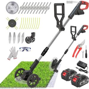 Cordless Weed Wacker Eater Battery Powered, 21V Lightweight Electric Weed Trimmer with 2 Battery Operated & Charger& Wheels & Shears, No-String Grass Trimmer/Brush Cutter/Lawn Edger for Yard Garden