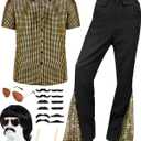 Mepase 6 Pcs Men's 70s Disco Outfit Costume New Year Eve Halloween Couples Costume 80s Bell Bottom Pants Short Sleeve Shirt, Medium