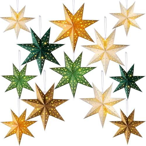 Cinnvoice 12 Pcs Christmas Paper Star Lantern 7/8/9 Points Sage Green Hanging Ornament 3D Neutral Star Lantern with String Light 12 and 17.72 Inch Hollow Lampshade for Xmas Party Decor(7 Pointed) 2 Pack
