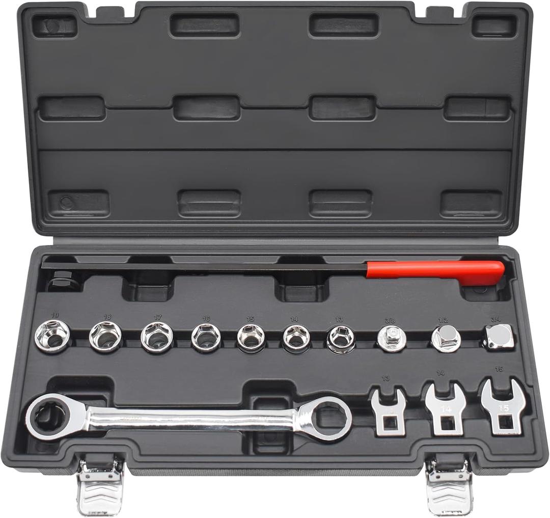 15pcs Universal Ratcheting Serpentine Belt Tool Set, Serpentine Belt Removal Installation Tensioner Kit with Ratcheting Wrench, Crowfoot Wrenches, Socket Adapters, 6-Point Sockets (Black Case)
